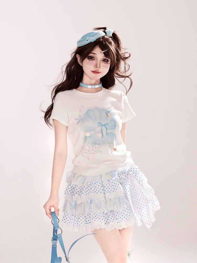 Seashell and Pearl Print White Round Neck Slim-fitting T-shirt