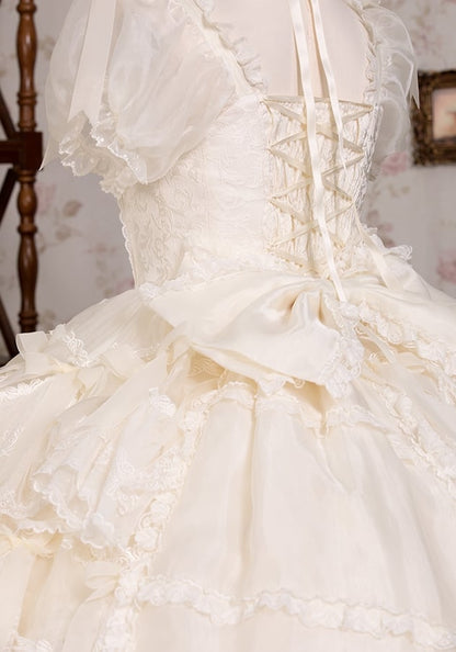 Gorgeous Hanayome Lolita Creamy White Bow Accents Wedding Dress / Full Set