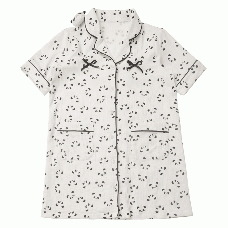 Beige Scalloped Edge Collar Allover Panda Print Pajamas Shirt Dress Panda Plushie