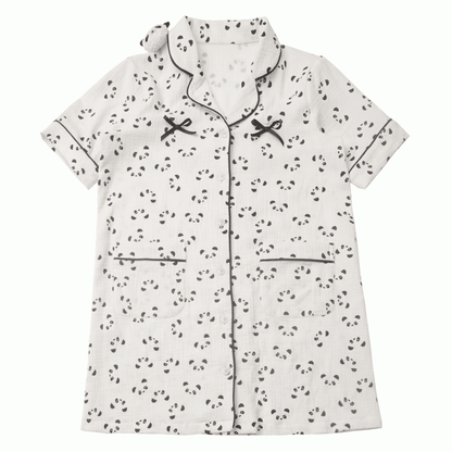 Beige Scalloped Edge Collar Allover Panda Print Pajamas Shirt Dress Panda Plushie