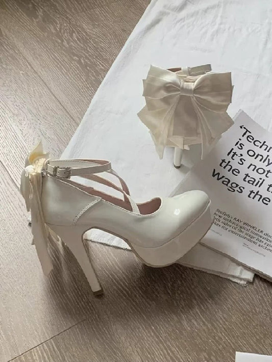 Polished Beige Detachable Bow Hime Lolita Platform High Block Heels