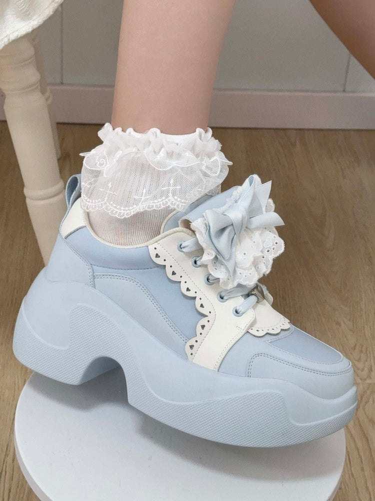 Blue Jirai Kei Detachable Bowknot Lace Trim Front Lace-up Ties Sneakers