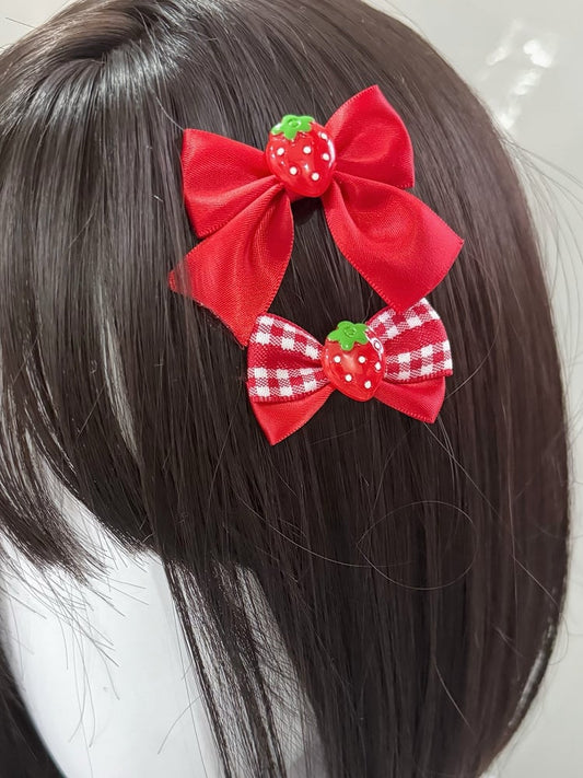 2 Red Strawberry Decorated Bowknot Hairclips Set