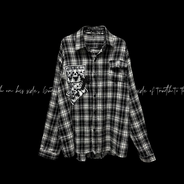 Punk Rock Skeleton and Cross Appliques Black & White Plaid Shirt