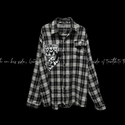 Punk Rock Skeleton and Cross Appliques Black & White Plaid Shirt