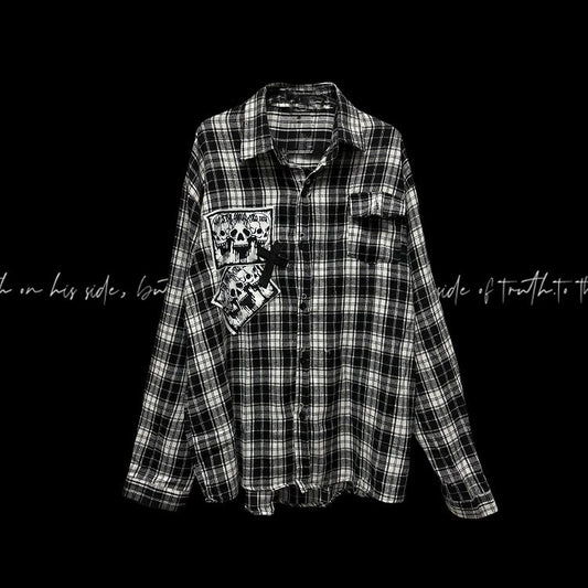 Punk Rock Skeleton and Cross Appliques Black & White Plaid Shirt