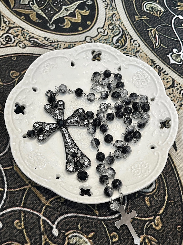 Black Gothic Rhinestoned Cross Pendant Beads Necklace