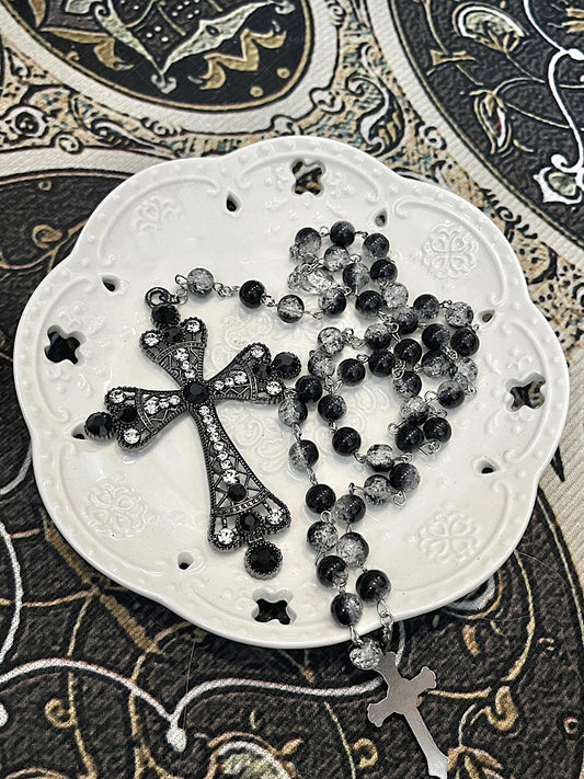 Black Gothic Rhinestoned Cross Pendant Beads Necklace