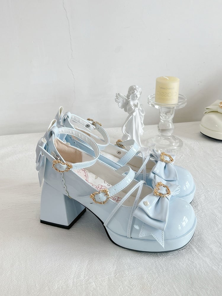 Light Blue Bow Accent Crisscross Design Lolita Platform High Block Heels