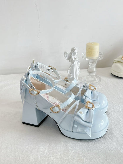 Light Blue Bow Accent Crisscross Design Lolita Platform High Block Heels