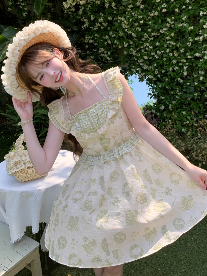 Light Green Plaid Flutter Sleeves Cartoon Print Mori Kei Halter Dress