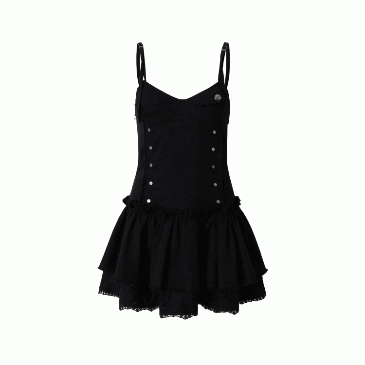 Black/White Dropped Waist Stud Details Raw Hem Punk Cami Dress