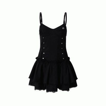 Black/White Dropped Waist Stud Details Raw Hem Punk Cami Dress