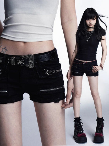 Black Low Waist Studded Glamorous Shorts with Zippers Detail