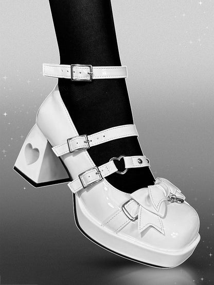 Gothic Wings Bow White Heart Hollowed Block Heels Punk Shoes