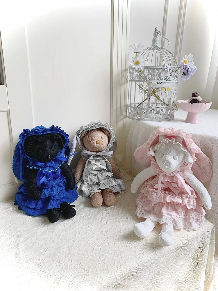 Gray Rosette and Bowknot Embroidery Dress + Bunny Ears Hat