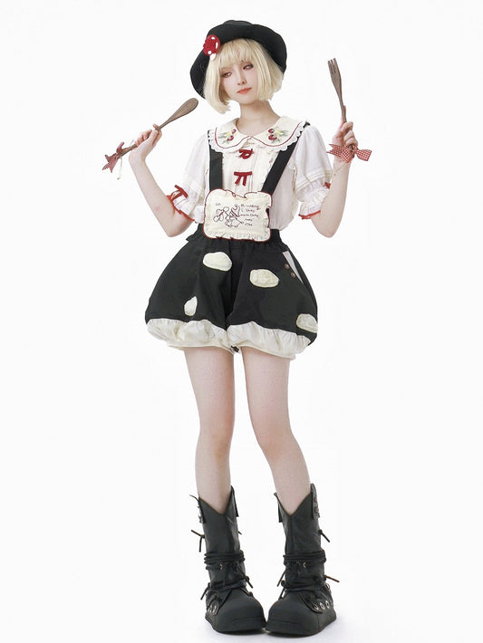 Fleece White Spot Applique Black Sweet Lolita Mushroom Bubble Short with Detachable Straps