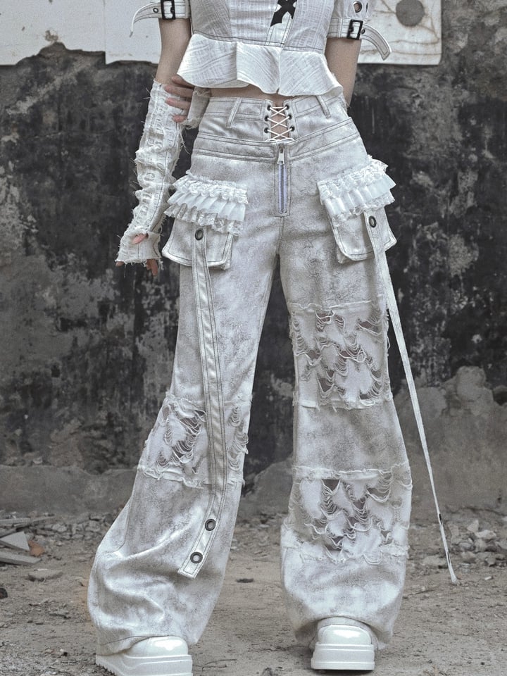 White Double Waistband Distressed Holes Punk Cargo Pants