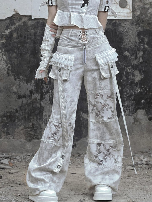 White Double Waistband Distressed Holes Punk Cargo Pants