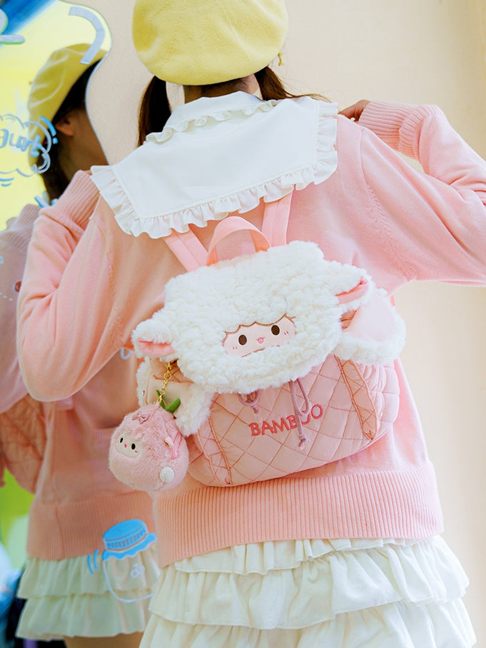 White&Pink Letter Embroidery Diamond Pattern Plush Lamb Flap Backpack