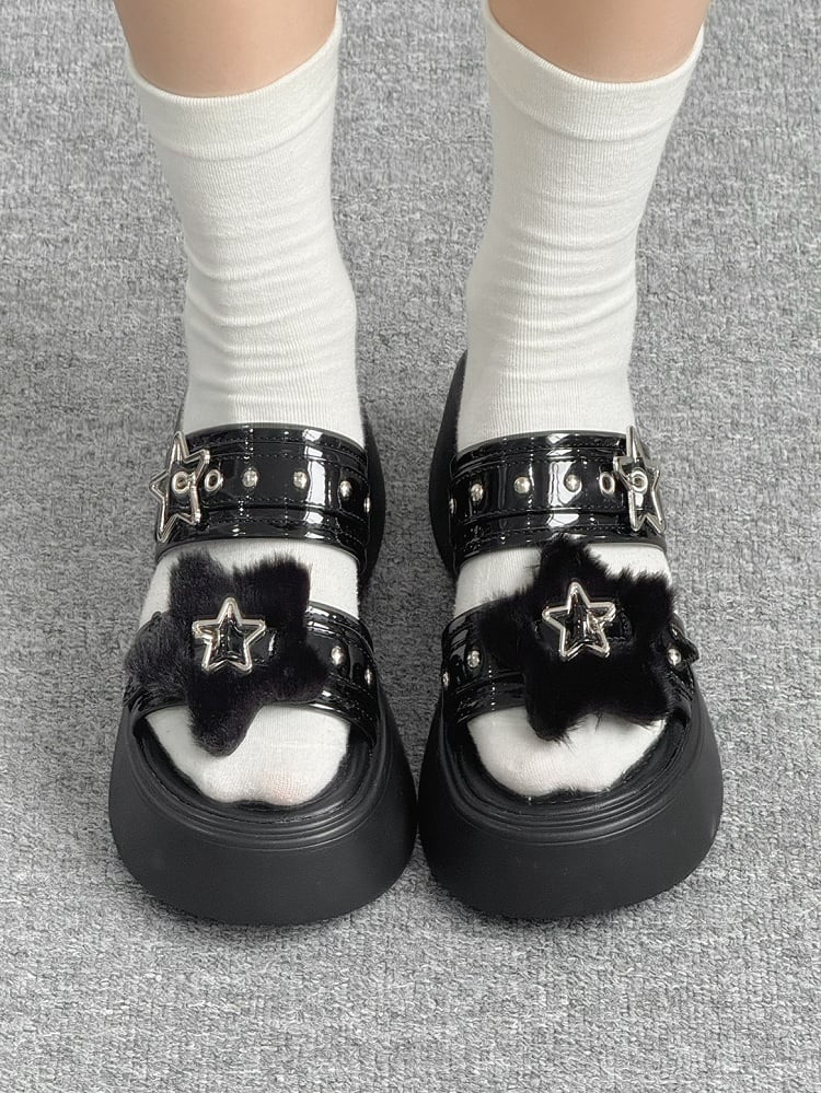 Alt-Goth Black Platform Slippers – Star Buckles, Metal Studs & Fleece Top