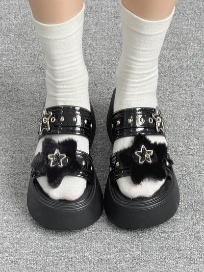 Alt-Goth Black Platform Slippers – Star Buckles, Metal Studs & Fleece Top