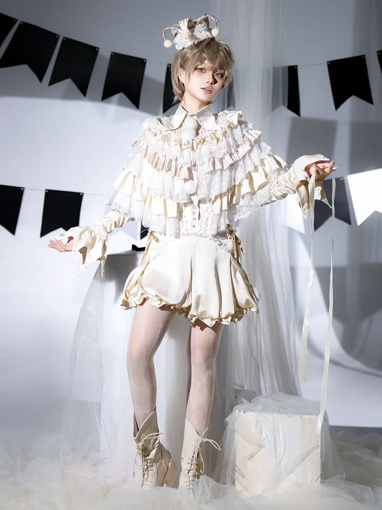 Circus Clown Vibes Ouji Lolita Outfit - Apricot Pointed Collar Shirt + Bloomer Shorts + Garters