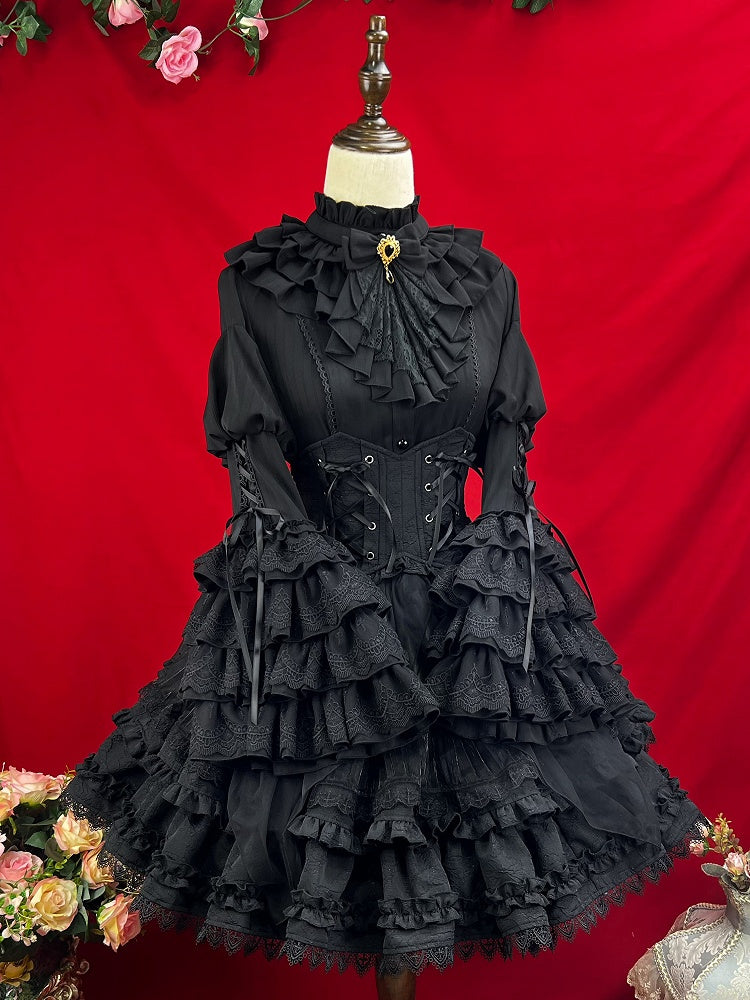 Black Ruffle Neckline Layered Bell Sleeves Kuro Gothic Lolita Shirt with Jabot Tie