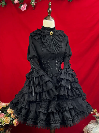 Black Ruffle Neckline Layered Bell Sleeves Kuro Gothic Lolita Shirt with Jabot Tie