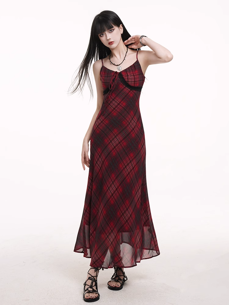 Red & Black Plaid V-neck Self-tie Strap Neckline Cami Dress
