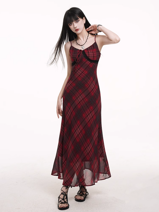 Red & Black Plaid V-neck Self-tie Strap Neckline Cami Dress