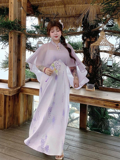 Plus Size Cheongsam Style Cape Design Purple Wisteria Print Qipao Dress