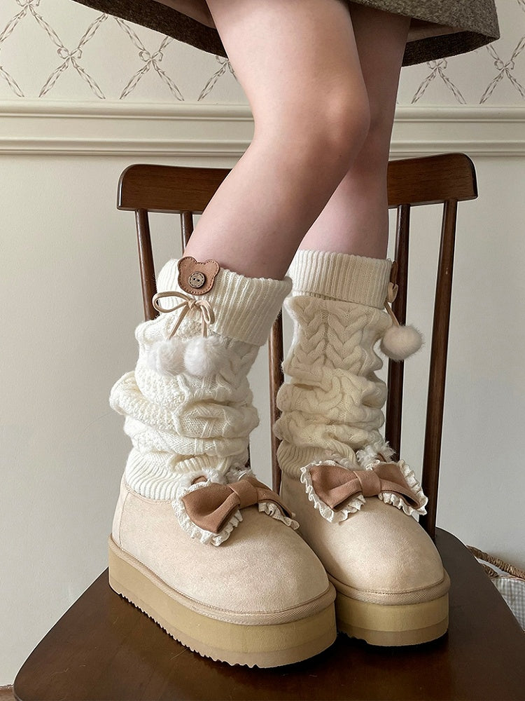 Knitted Stockings Design Bow at Top Beige Platform Boots