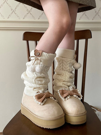 Knitted Stockings Design Bow at Top Beige Platform Boots
