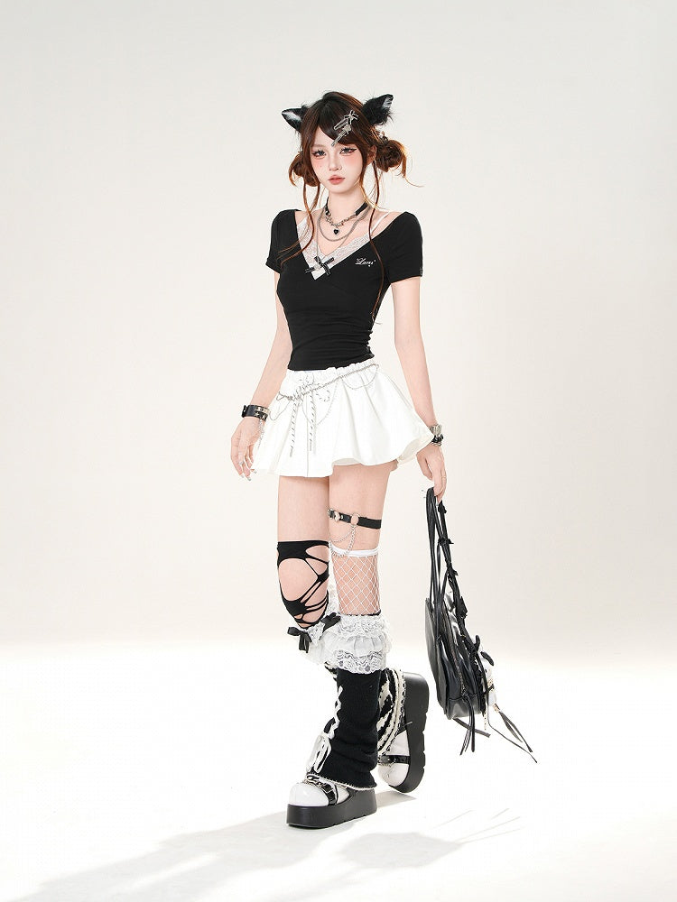 Faux Two-pieces Lace Camisole Design Black/Red Slim-fitting T-shirt