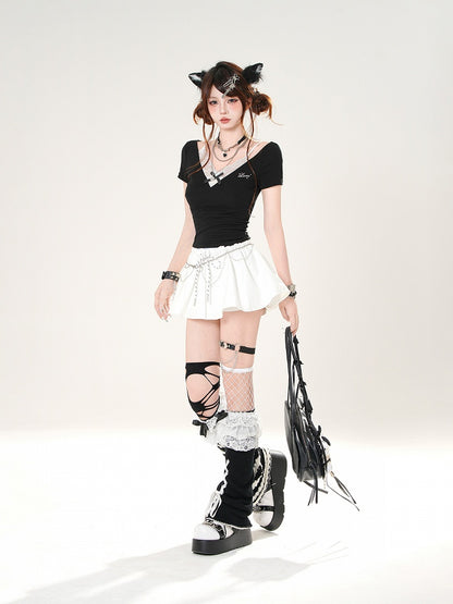 Faux Two-pieces Lace Camisole Design Black/Red Slim-fitting T-shirt