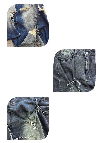 Faded Wash Blue Pins Decorated Punk Distressed Holes Y2K Denim Skirt