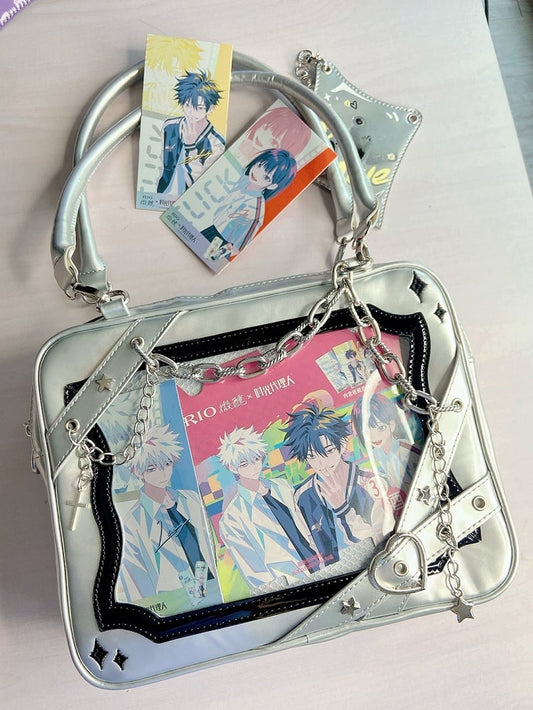 Silver & Black Crisscross Strap Ita Shoulder Bag with Cross Charm Chain