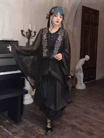 Tassel Hem Black Cheongsam Style Hollow-out Cape Cardigan with Detachable Seahorse and Coral Embroidery Collar