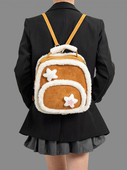 Chic 2-Way Small-Sized Brown Backpack With Plush Trim And Fuzzy Star Accents
