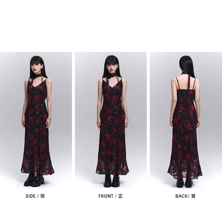 Red and Black V-Neck Ankle Length Floral Slip Dress