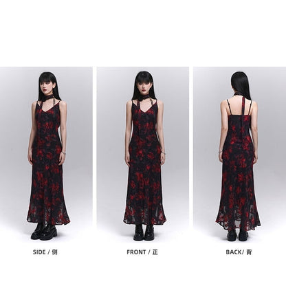 Red and Black V-Neck Ankle Length Floral Slip Dress