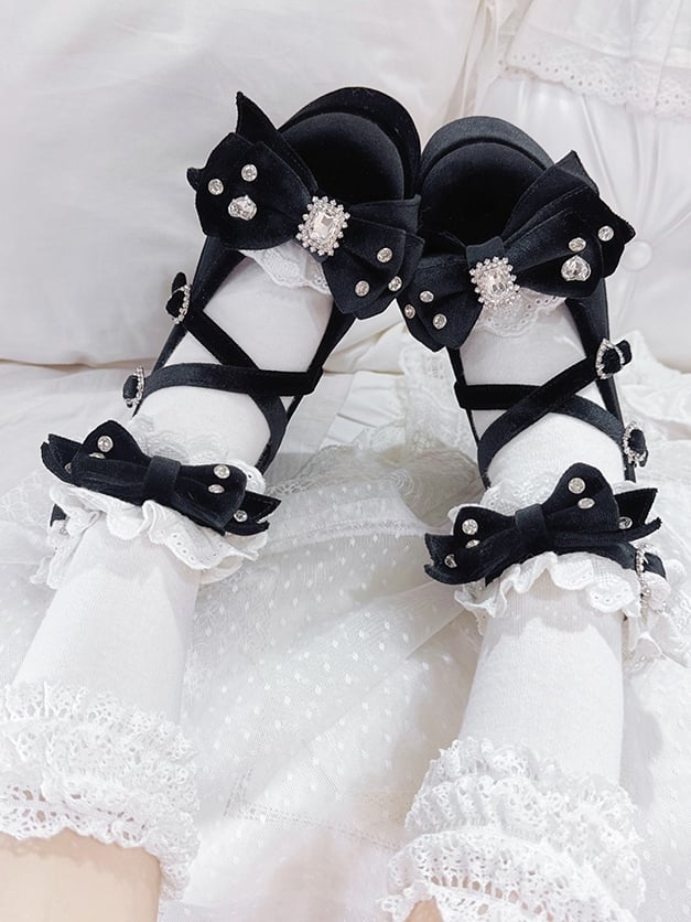 Black Bittersweet Rhinestone Heart Details Cross Charm Ruffles Trim Platform Sneakers