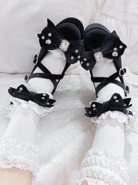 Black Bittersweet Rhinestone Heart Details Cross Charm Ruffles Trim Platform Sneakers