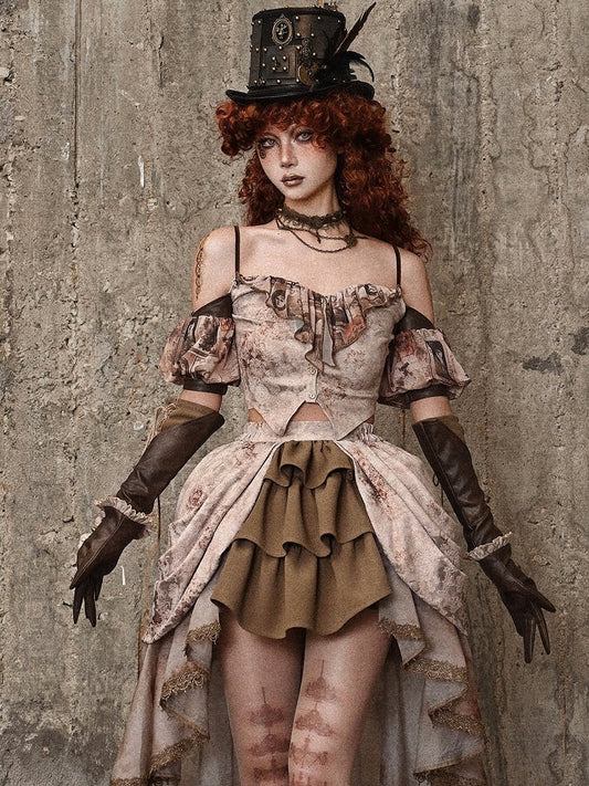 Clearance - Size M for Bust 82-90cm Pictorial Print Neckline Summer Cami Top with Detachable Puff Sleeves