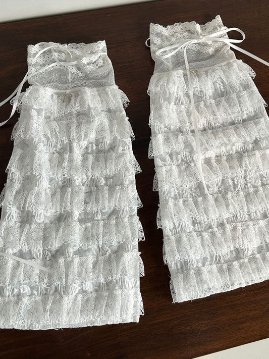 White Lolita Floral Pattern Sleeves With Hollow-out Lace Ruffled Cuffs And Self-tie Straps