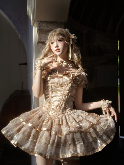 Bunny and Kitty Print Champagne Short Puff Sleeves Lolita Corset Dress