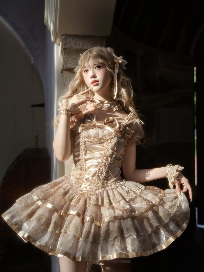 Bunny and Kitty Print Champagne Short Puff Sleeves Lolita Corset Dress