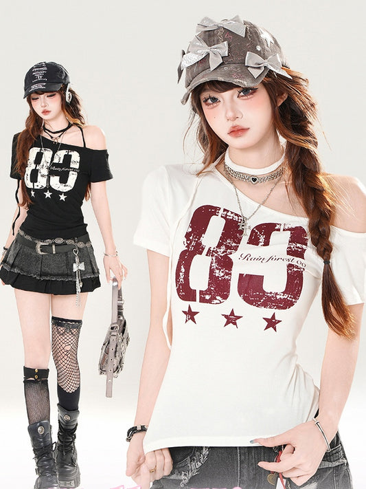Vintage Number Print Black/White Asymmetrical Neckline T-shirt