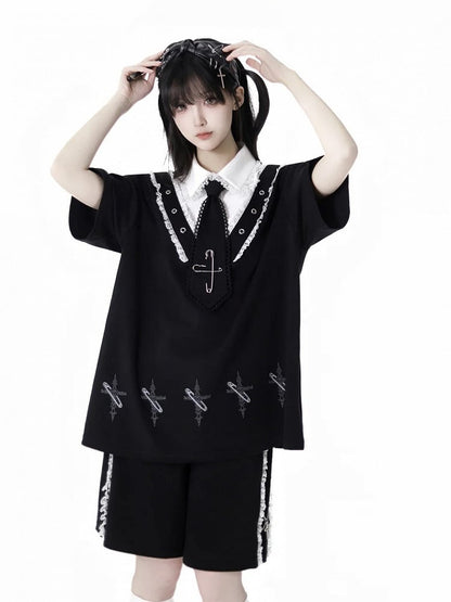 Black Shirt Collar Pin Cross Print T-Shirt with Free Tie